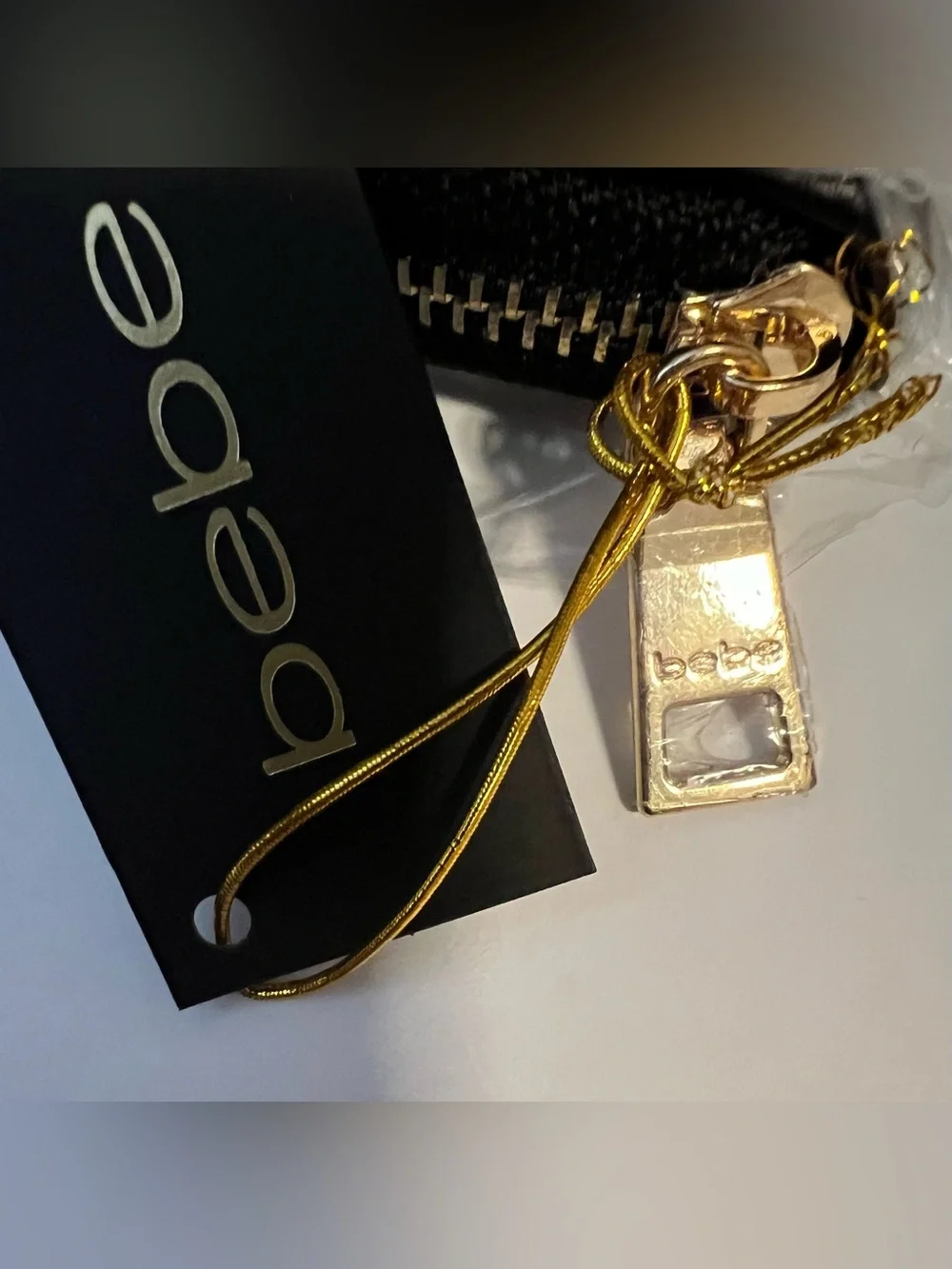 NWT bebe Black Zip Around Wallet Wristlet Gold Logo Clutch